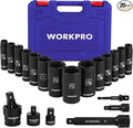 WORKPRO 20-Piece 1/2＂ Drive Deep Impact Socket Set, SAE | 6-Point, Cr-V Steel, 3/8"-1-1/4" Sizes, Universal Joint, Adapter, Extension Bar, Automotive Repair, Mechanical Work