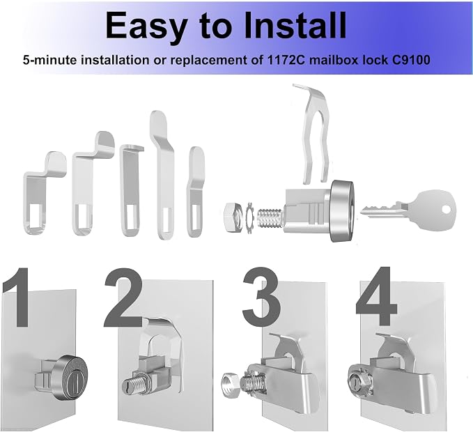 1 Pack Mailbox Lock with Key, Mailbox Lock Replacement for L-1172C Mailbox Key Lock, Nickel Finish