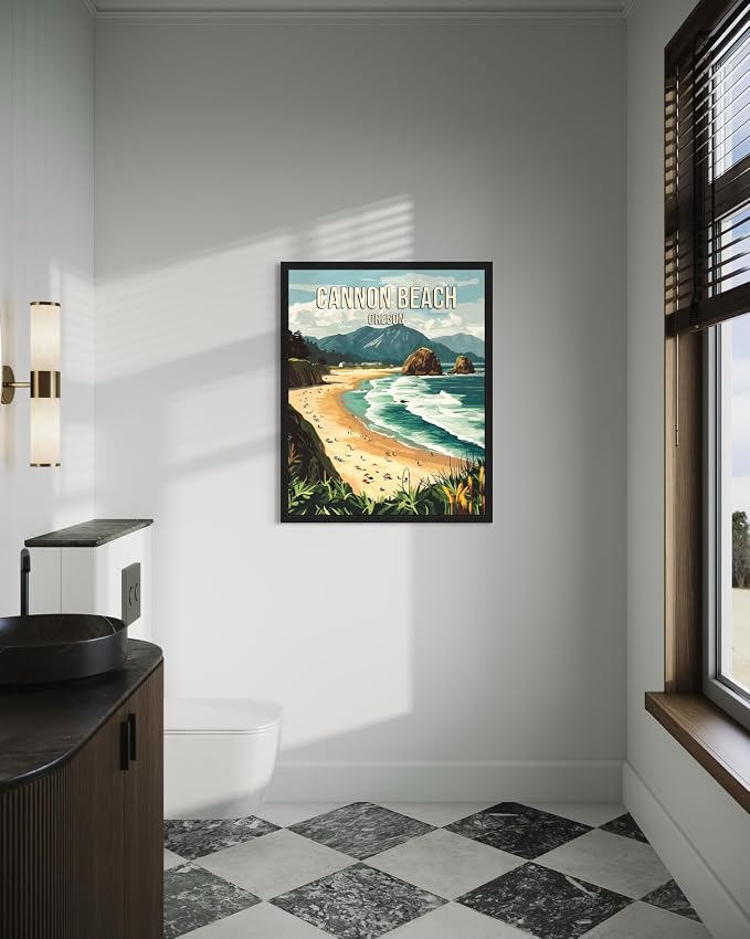 Cannon Beach Oregon Black Framed Wall Art Print Poster, US Vintage Retro Beach Scenery Posters Prints for Restroom Home Picture Painting Artwork Gallery 219 (Cannon Beach Oregon, 14"L x 11"W, Black Frame)