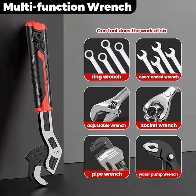 4 Pack Self Adjusting Pipe Wrench Set, 6" 8" 10" 12" Plumbers Wrench | Complete 4-Pack Kit: Covers 9/32" To 1-11/16" (7-43mm) Sizes for Standard, Square, And Irregular Nuts or Pipe Fittings.