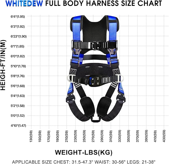 Fall Protection Premium Safety Harness with Shock Absorbing Lanyard, Vented & Padded Shoulder, Legs & Back - Upgrade 4 Quick Buckles (Blue)