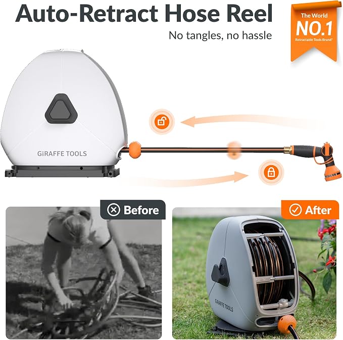 Giraffe Tools Retractable Heavy Duty Hose Reel, 1/2" x 130FT Automatic Rewind Garden Hose Reel with 360° Swivel Base, Ground Mounted for Lawn, Patio, Concrete Floor & Yard Watering