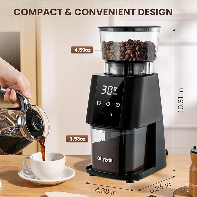 Ollygrin Electric Conical Burr Coffee Grinder, Coffee Grinder with 30 Grind Settings, Touchscreen Coffee Grinder for Home Use, Compact Coffee Bean Grinder for Espresso, Drip, French Press
