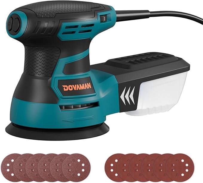 DOVAMAN ROS01A Orbital Sander, 3A Random Orbit Sander, 6 Variable Speeds, Up to 13000 rpm, 12pcs Sandpapers, 5in Sanding Pad, Dust Collection, Electric Sanders Perfect for Woodworking
