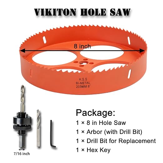 8 Inch Hole Saw with Arbor for Metal Wood Plastic, 8 in Bi-Metal Hole Cutter for Different Project with Smooth and Flat Drilling Edge, Fast Chip Removal，Lighter and Portable