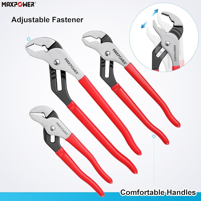 MAXPOWER 8" 10" 12" Groove Joint Pliers, Jaw Opening 1-1/16", 2", 2-3/8" | 3-Piece Tongue & Groove Pliers Set, Fast Adjustment, Non-Slip Grip, Ideal for Plumbing, Automotive, and DIY