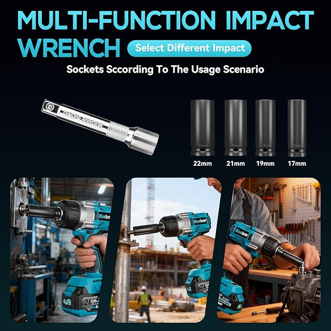 1/2 Inch Cordless Impact Wrench, 900 Ft-lbs (1200 N·m) High Torque Brushless Impact Driver Gun, 2300 RPM, 2×4.0 Ah Batteries, LED Light, 4 Sockets, Variable Speed Power Tool for Car & Tire Removal