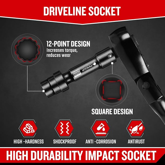 7-Piece 1/2'' Drive Driveline Limited Clearance Socket Set, 12-Point SAE Impact Swivel Socket Set, Cr-Mo Steel with Storage Case for Automotive & Industrial