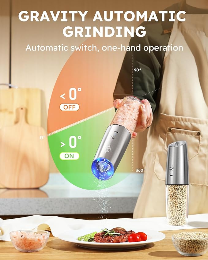 9oz XL Capacity Sangcon Gravity Electric Salt and Pepper Grinder Set Shaker Rechargeable - USB-C No Battery Needed One Hand Operation Adjustable Coarsenes Automatic Mill