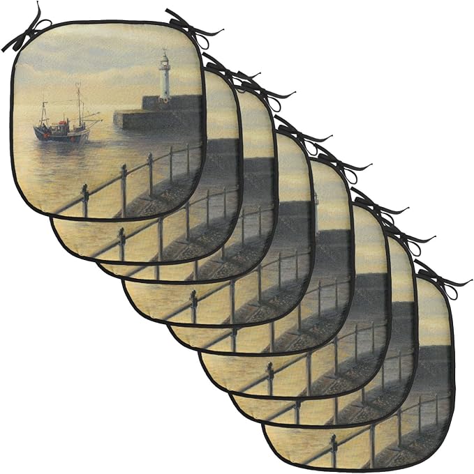 Lunarable Lighthouse Chair Cushion Pads Set of 8, Fishing Boat Leaving The Port in Mevagissey at Early Morning Sunrise View Landscape, Anti-Slip Seat Padding for Kitchen & Patio, 16"x16", Cream
