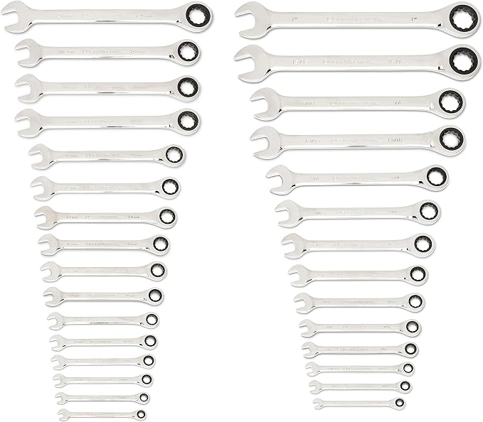 GEARWRENCH 30 Piece 12 Point Ratcheting Combination SAE/Metric (1/4-1 in., 8-24 mm) Wrench Set with Wrench Racks - 86702 (Pack of 2)