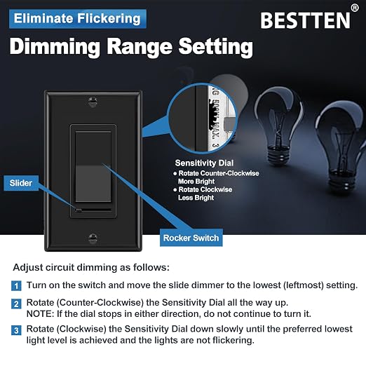 BESTTEN 2 Pack Dimmer Wall Light Switch, Single Pole or 3-Way LED Slide Dimmer Switch, Compatible with Dimmable LED, Incandescent, Halogen and CFL Bulbs, Wallplate Included, UL Listed, Gloss Black