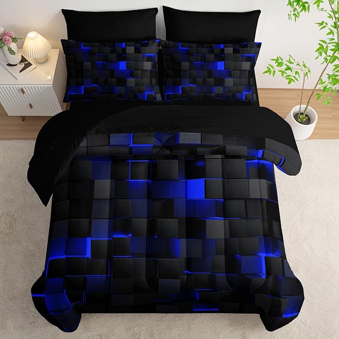 Nttopship Geometric Blue Black Full Comforter Set,Light Honeycomb Bedding Set 7 Piece in A Bag,Bed Sheet Set Geometry Decor,Microfiber Lightweight All Season