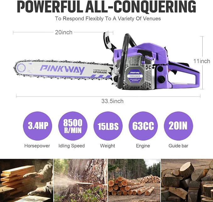 2-cycle 63CC Chainsaw Saw Gas Powered 20" Chain Saws Cordless Petrol Saw Handheld Chainsaw for Cutting Wood Trees Branches，63ACG Upgrade