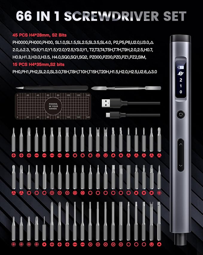LIFEGOO Mini Electric Screwdriver Set: 66 in 1 Cordless Electric Precision Screwdriver Set - 60 Magnetic Bits, 3-Level Torque, Mini Power Screwdriver Repair Tool Kit for Phone Watch Camera Laptop PC