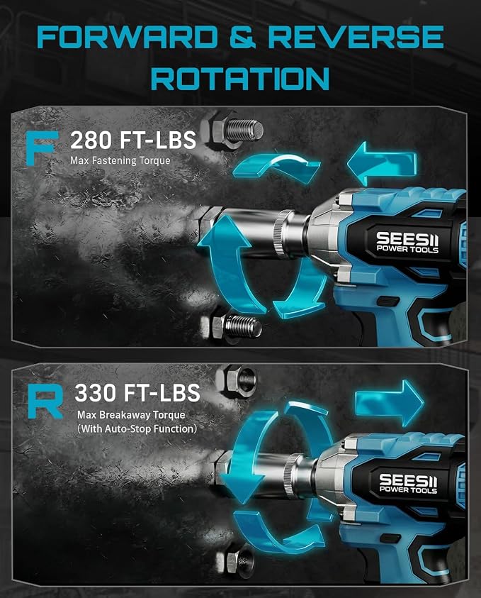 Seesii 3/8" Cordless Impact Wrench, Power Impact Gun w/Max Torque 330Ft-lbs(450N.m), 4.0Ah Rechargable Battery & 4 Sockets, Compact Power Impact Wrench for Lightduty Work Car Home,WH450