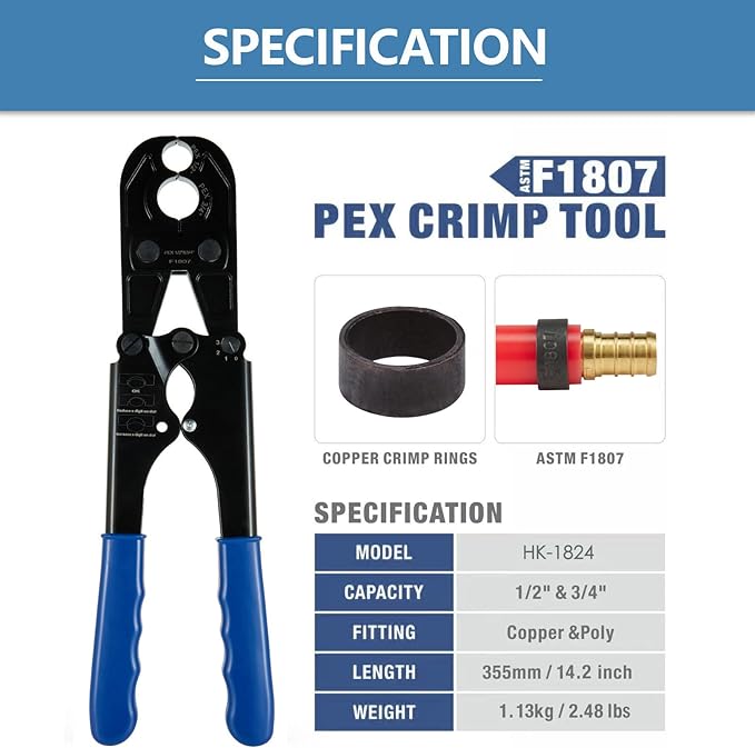 PEX Crimping Tool,1/2Inch,3/4Inch Combo Crimp Copper Rings Tool, Conforms to ASTM F1807 Standards,with Go-No-Go Gauge &Cutter(TOOL013)