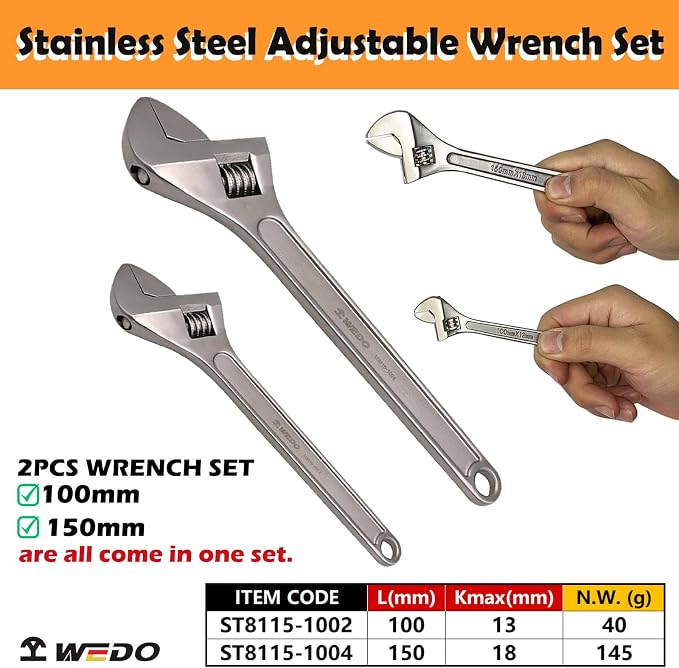 WEDO 2PCS Adjustable Wrench Set 4",6",Stainless Steel | Wide Jaw Spanner,Professional Spanner,Precision Jaws,Corrosion Resistant,For Automotive,Home and Plumbing Repairs