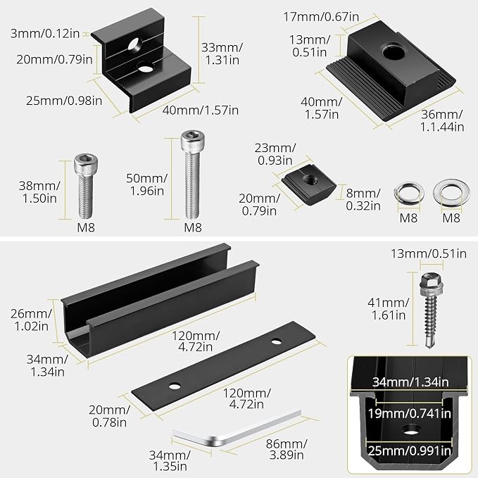 Anbte Solar Panel Mounting Brackets for Roof, Aluminum Solar Rails, Black | Solar Panel Mounting Kit For 4 Panels, Included 10 X 4.72 In Rails+4 End Clamps+6 Center Clamps+1 Wrench, For Roof, RV, Boat