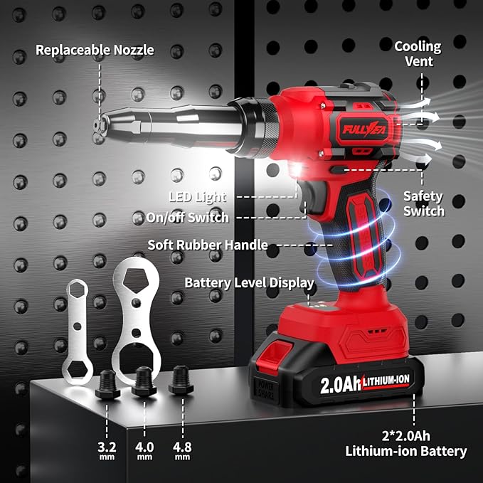 FULLYEA Electric Rivet Gun, Cordless Rivet Gun with 2 Pack Batteries and Fast Charger, Brushless Motor Rivet Gun Tool, Led Light, Automatic Power Rivet Gun Kit for 3 Size (1/8", 5/32", 3/16") Rivets