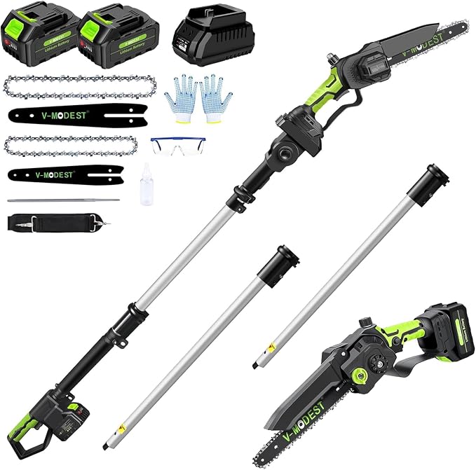 3-IN-1 Electric Pole Saws for Tree Trimming, 8&6 Inch Mini Chainsaw with Extension Pole, 2 * 4.0Ah Battery Powered Pole Chain Saw, Cordless Tree Trimmer Brushless 15ft Max Reach Branch Cutter Pruner