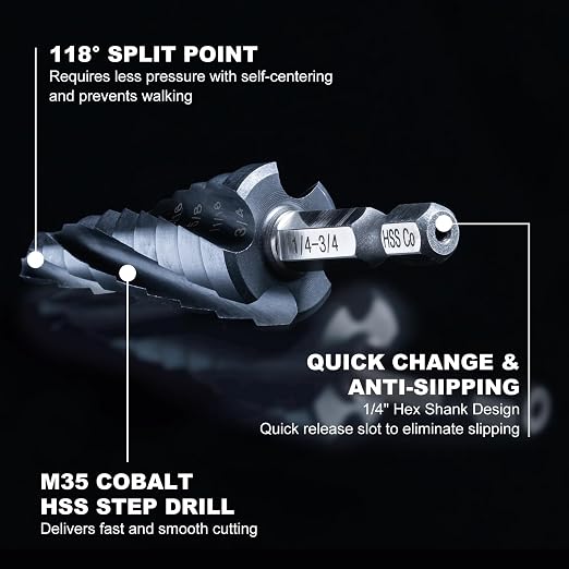 GRENPRO Cobalt Step Drill Bit, 1/4"-3/4" Large Step Bit, M35 HSS Impact Tough Step Bits for Metal, 1/2" Shank Unibit Step Drill Bits, Stainless Steel, Aluminum, Wood
