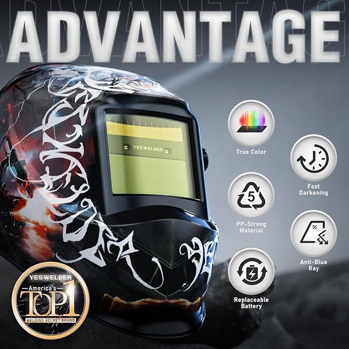 YESWELDER Auto Darkening Welding Helmet, Blue Light Blocking, 1/1/1/1 True Color Solar Powered Welding Hood with 2 Arc Sensors, Wide Shade 3.5/9-14 Welder Mask for TIG MIG ARC and Grind