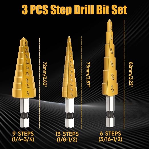 3PCS Titanium Step Drill Bit - 4241 HSS Step Bit with Two Straight Flutes, 28 Sizes for Metal, Aluminum, Wood & Plastic, Unibit for Electricians & DIY with Portable Bag