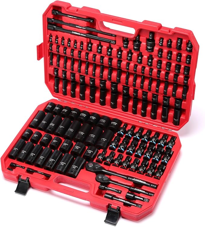 CASOMAN 153-Piece 1/4" & 3/8" & 1/2" Drive Master Impact Socket Set with Case, Professional Standard and Deep Socket Tool Set, 6 Point, SAE and Metric Sizes