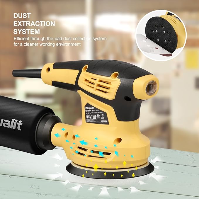 Random Orbital Sander, 2.4Amp 5-Inch Corded Palm Sander, Max 13000 OPM Electric Drywall Sander with 6 Variable Speed, 15Pcs Sandpapers and Dust Bag for Woodworking Sanding Polishing
