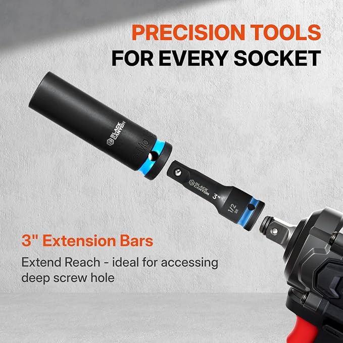 BLACK CANYON 29-Piece 1/2" Drive Deep Impact Socket Set, SAE & Metric 6-Point Sockets, Cr-Mo Impact Grade Steel, Includes 3" Extension Bar, Storage Case for Auto, Truck & Industrial Repair