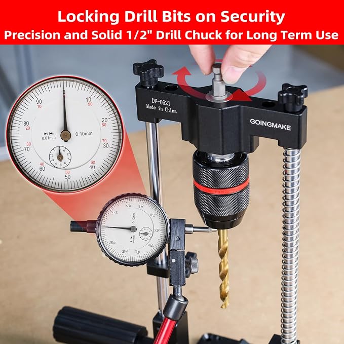 GOINGMAKE Portable Drill Guide with Positive Angle Stops from -60° to 60°, Adjustable Portable Drill Press with 1/2“ Chuck, Precision Drilling Jig Attachment for Drilling Straight and Angle Holes