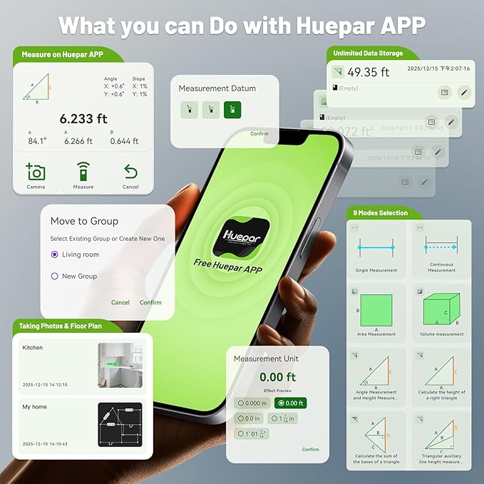Laser Distance Measure 395 Feet with 60 Inch Tripod, Huepar Laser Distance Meter with Bluetooth & APP, Angle Sensor, 1/16in Accuracy Rechargeable Laser Measuring Tool, M/in/Ft Unit, Pythagorean Mode