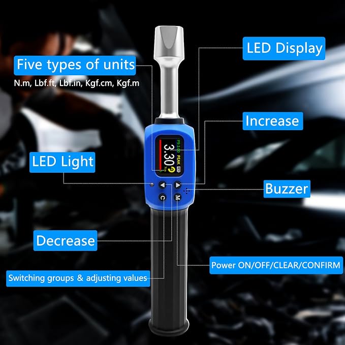 Adjustable Digital Torque Wrench, Hvac Torque Wrench 5-99.6Ft-lbs/6.8-135Nm | With 38 mm Adjustable Jaw, 3/8 Drive Ratchet, ±1% Accuracy, Color TFT Screen, Vibration, Buzzer and LED Indicator