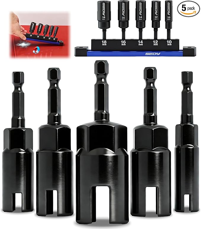 5-Piece Wing Nut Driver Set (10mm,12mm,14mm,16mm,18mm) with Magnetic Aluminum Storage Rail, 1/4" Hex Shank Wing Nut Driver Bit Set, Metric Wing Nut socket Set for Wing Nut, Eye Bolt, Wire Twisting