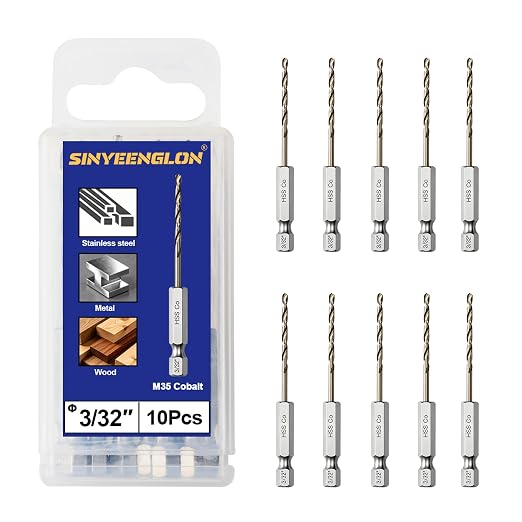 3/32 Drill Bit for Metal(10Pcs),M35 Cobalt Hex Shank Quick Change Twist Impact Drill Bit Set,with Storage Case