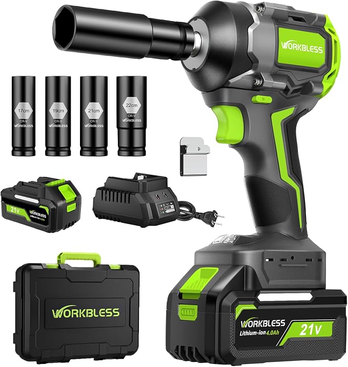 Cordless Impact Wrench 1/2" 630Ft-lbs(850N.m) with 21V Battery | High Torque Impact Driver,4.0Ah Battery Electric Brushless Impact Gun for Car/Heavy Truck/Pickup,3-Speed,4 Socket,LED Light