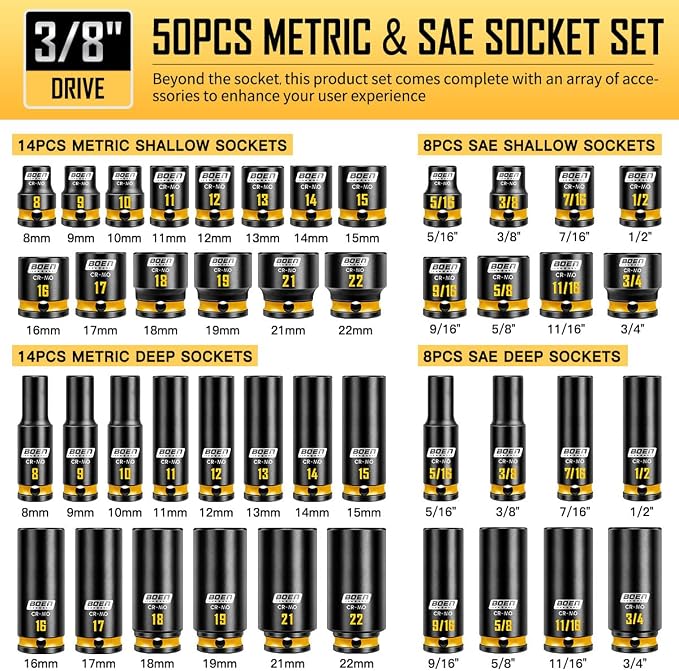 boen 3/8'' Drive Impact Socket Set, 50PCS Standard SAE (5/16 to 3/4 inch) and Metric (8mm-22mm), Deep & Shallow Size, 6-Point with Yellow Embossed Marking, CR-MO