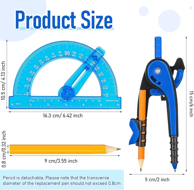 Zonon Student Protractor and Compass Set, Student Geometry Math Set Drawing Compass and 180 Degree 6 Inch Protractor with Swing Arm for Drawing Measuring School Office(Blue)