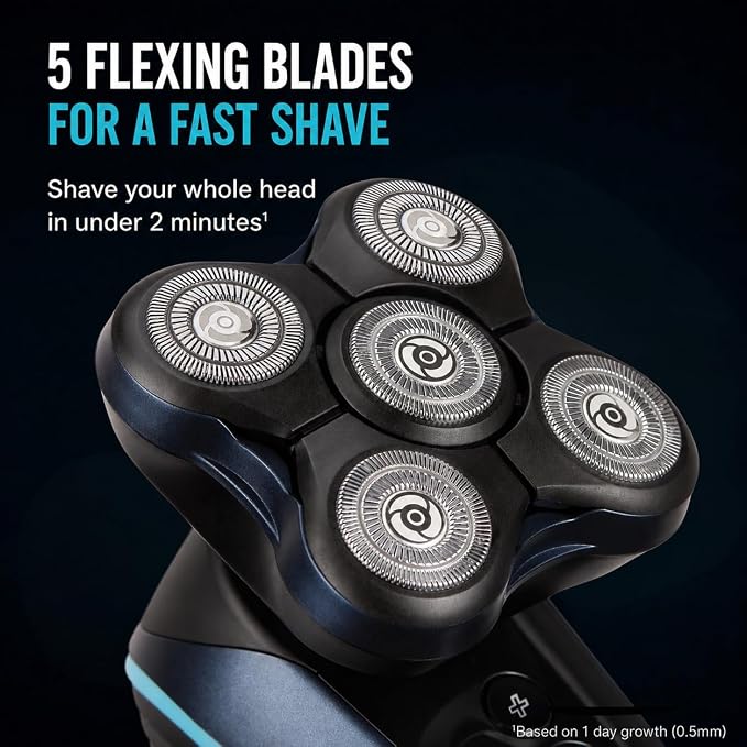 Remington Balder Head & Beard Rotary Shaver, 5 Flex Blades, DURADRIVE Motor with Turbo Boost, Cordless Wet/Dry Electric Razor with T-Blade Trimmer & Combs