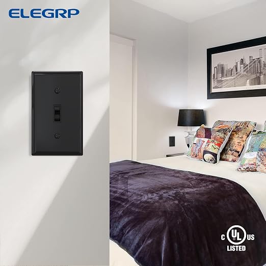 ELEGRP 3 Way Toggle Light Switch with Plate - 15 Amp, 120V Quiet AC Switch - In Wall On/Off, Self-Grounding - Residential & Commercial Grade, UL Listed (5 Pack, Glossy Black)