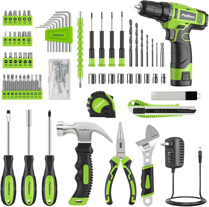 PULITUO Drill Set, 149-Piece Home Tool Set with 12V Green Cordless Drill, ToolBox, Hand Tool Kits for Women Men, DIY Enthusiasts for Home Improvement.