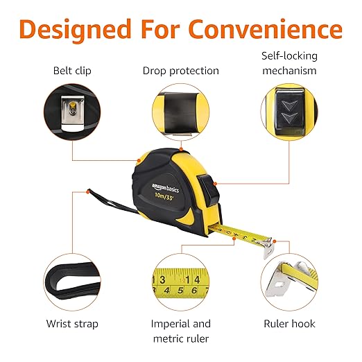 Amazon Basics Self-Locking Tape Measure with Belt Clip, 33 feet (10 m), Inch/Metric Scale, MID Accuracy, Black, Yellow