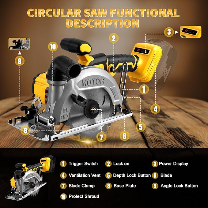 6 Inch Cordless Circular Saw for Dewalt 20V Battery (No Battery), Power Wood Saw with Brushless Motor, 0-45° Cutting Bevel, Max Cutting Depth 2"(90°), 1.3"(45°), Idea for Wood, Plastic, Soft Metal