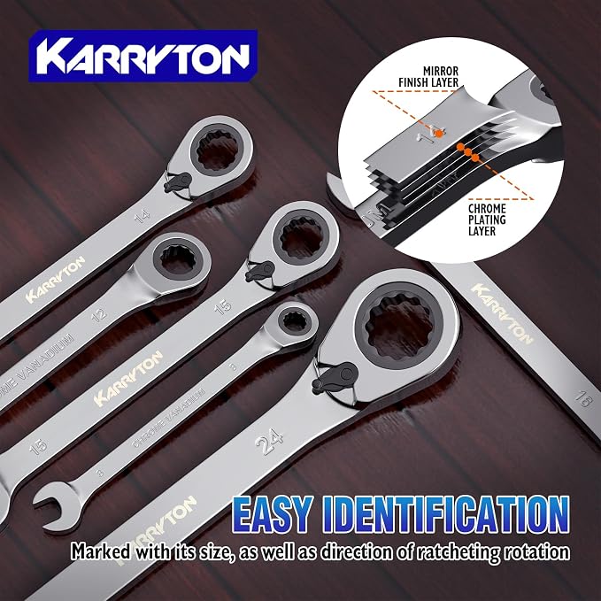16-piece Reversible Ratcheting Wrench Set Metric 8-25mm, 72 Teeth Ratchet Combination Wrenches Set with Rolling Bag, Cr-V Steel, Chrome Plating Handle with Blackened Ratchet