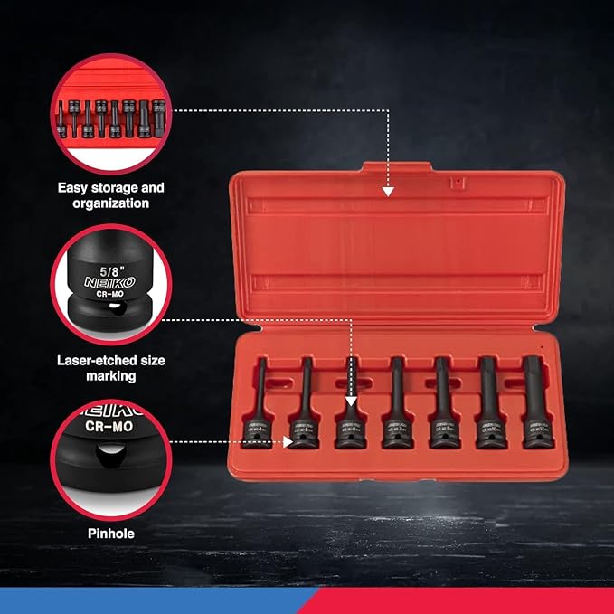 NEIKO 01130B 3/8" Drive Allen Socket Set, 7 Piece, 3 Inch, 3/8” Impact Hex Bit Socket Set, Metric Hex Driver 4 mm to 12 mm, Chrome-Moly Cr-Mo Impact Grade