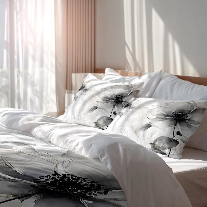 Batmerry Flowers Watercolor Twin Size 100% Cotton Duvet Cover Sets, Elegant Black White Flower Painting Bedding Set with Zipper Closure Corner Ties, 3 Pieces (1 Cover + 2 Pillowcases No Comforter)