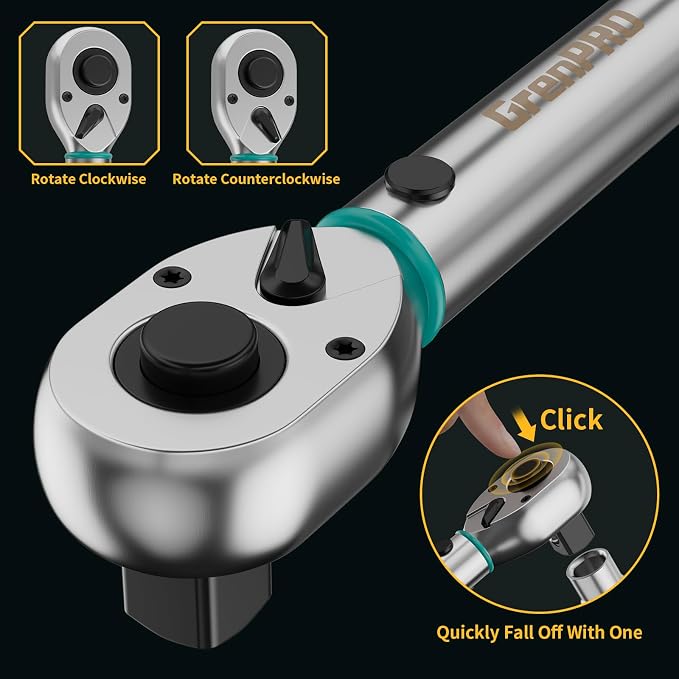 GRENPRO 1/2" Drive Click Torque Wrench 25-250 Ft.Lb – Dual-Direction Adjustable with Dual Range Scales, 72-Tooth Precision Ratchet, ±3% Accuracy – for Bike, Motorcycle, Car Repair & DIY Maintenance
