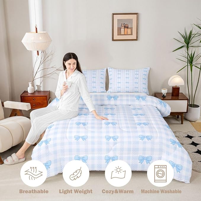 Feelyou Blue Grid Bowknot Bedding Set Soft for Boys Girls, Bow Checkered Comforter Set Full Size Princess Duvet Quilt Microfiber Bedroom Decor 3 Pcs with 2 Pillow Cases