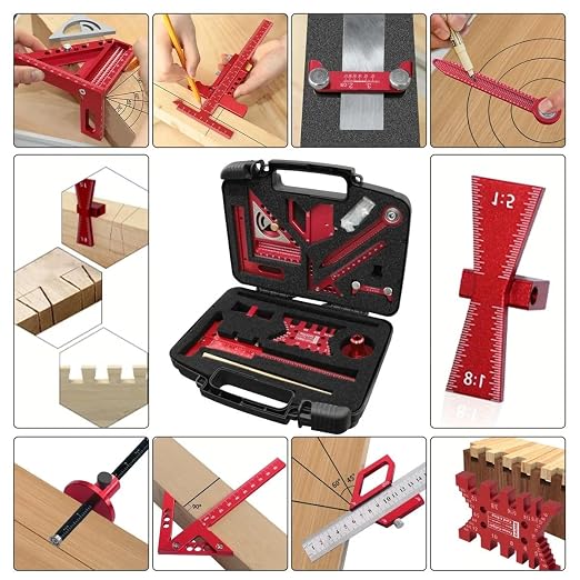 Woodworking Measuring Tools with Box, Aluminum Scribeing Ruler, Multi-Purpose Marking Ruler, Precision Layout Measuring Tool Carpentry Square Kits for Engineer Carpenter (10pcs with Box)